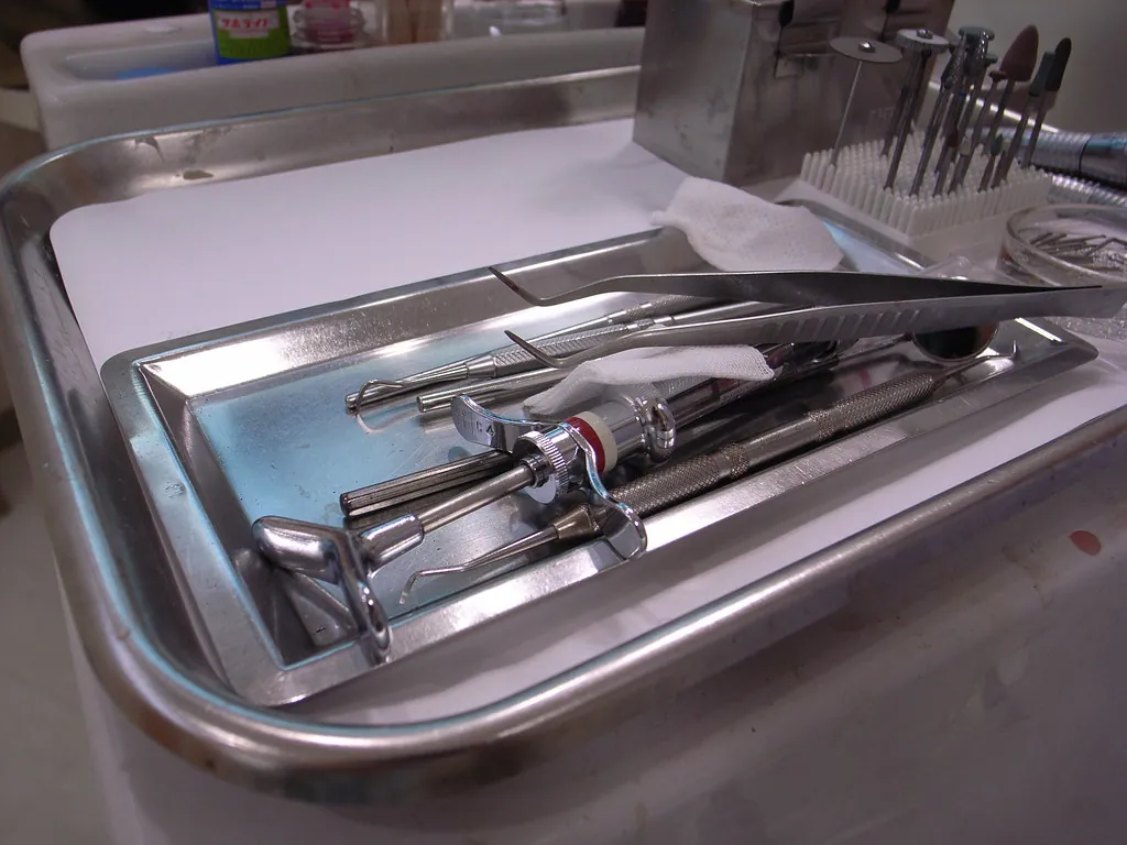 Bandeja de acero con instrumental dental esterilizado